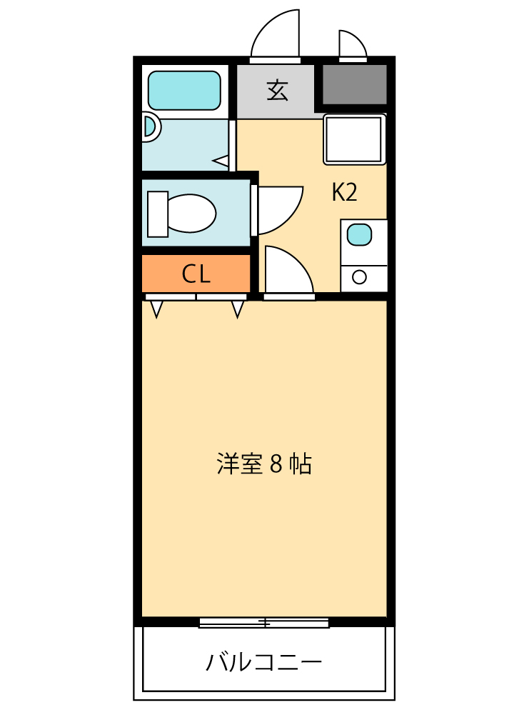 洋室8畳とキッチン2畳の間取り